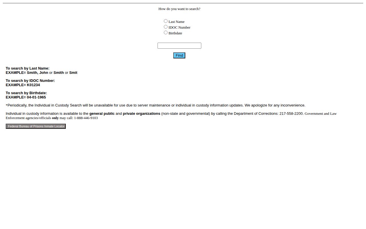 Illinois IDOC offender search form for sentenced state custody