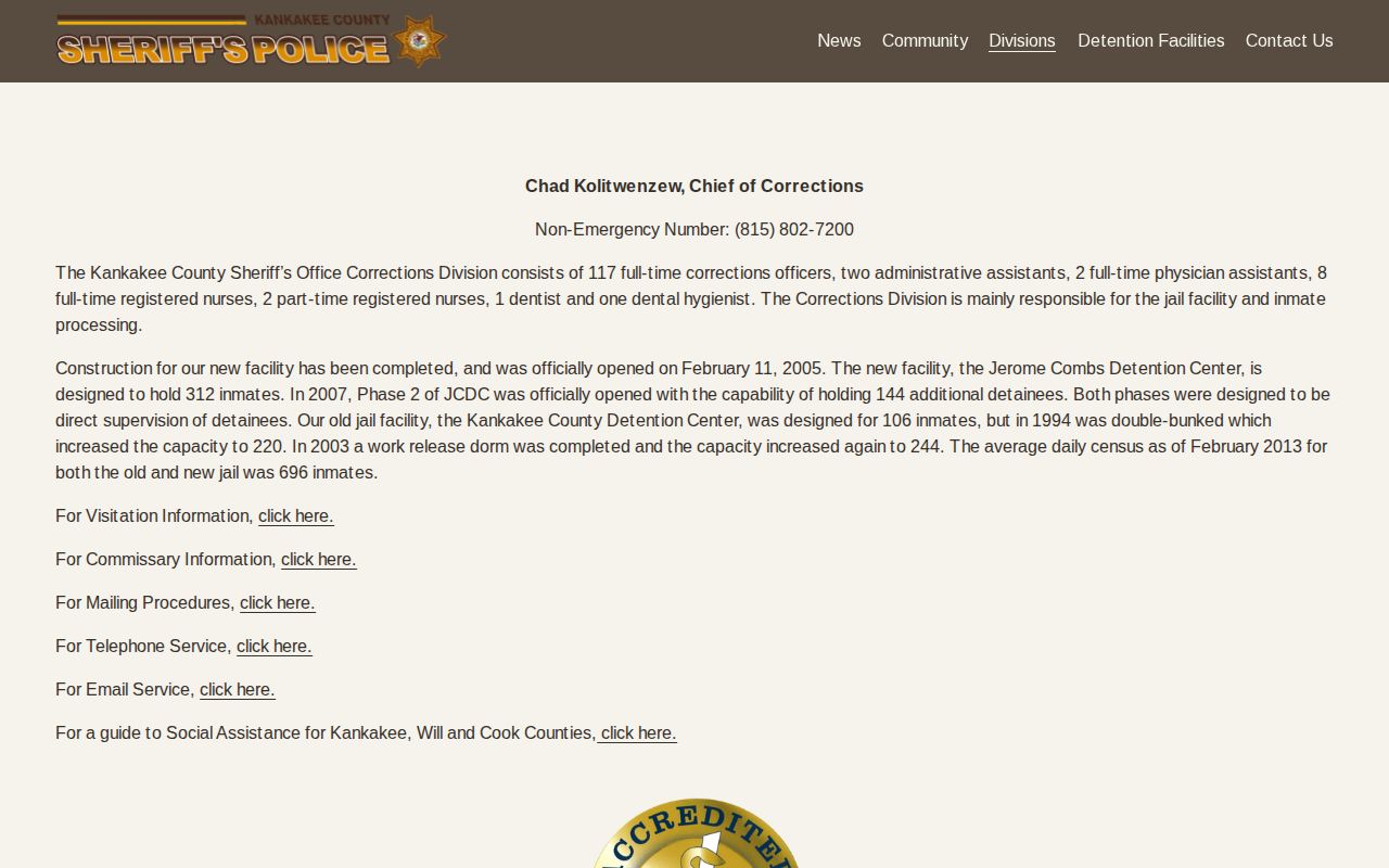 Kankakee County detention facilities information from the Sheriff's Office