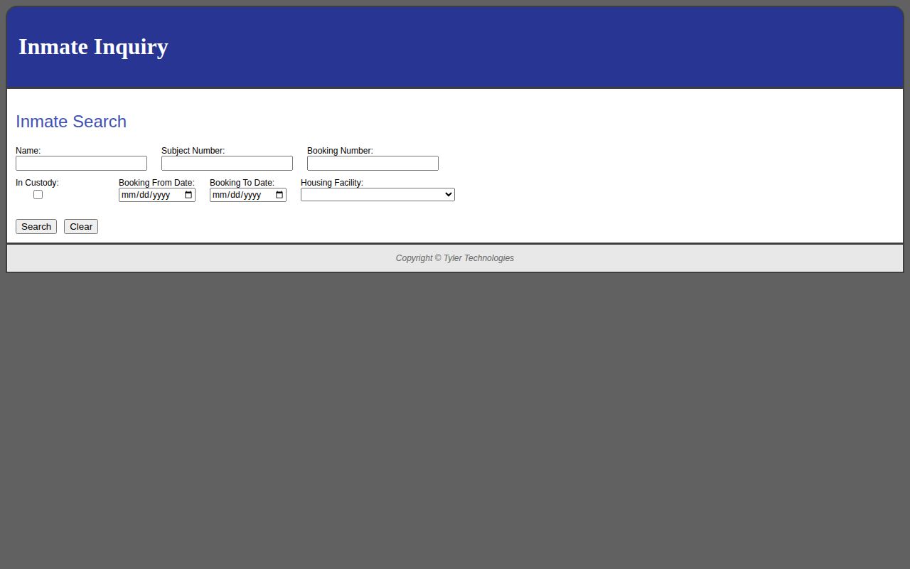 Kankakee County Tyler custody search fields for booking and in-custody records