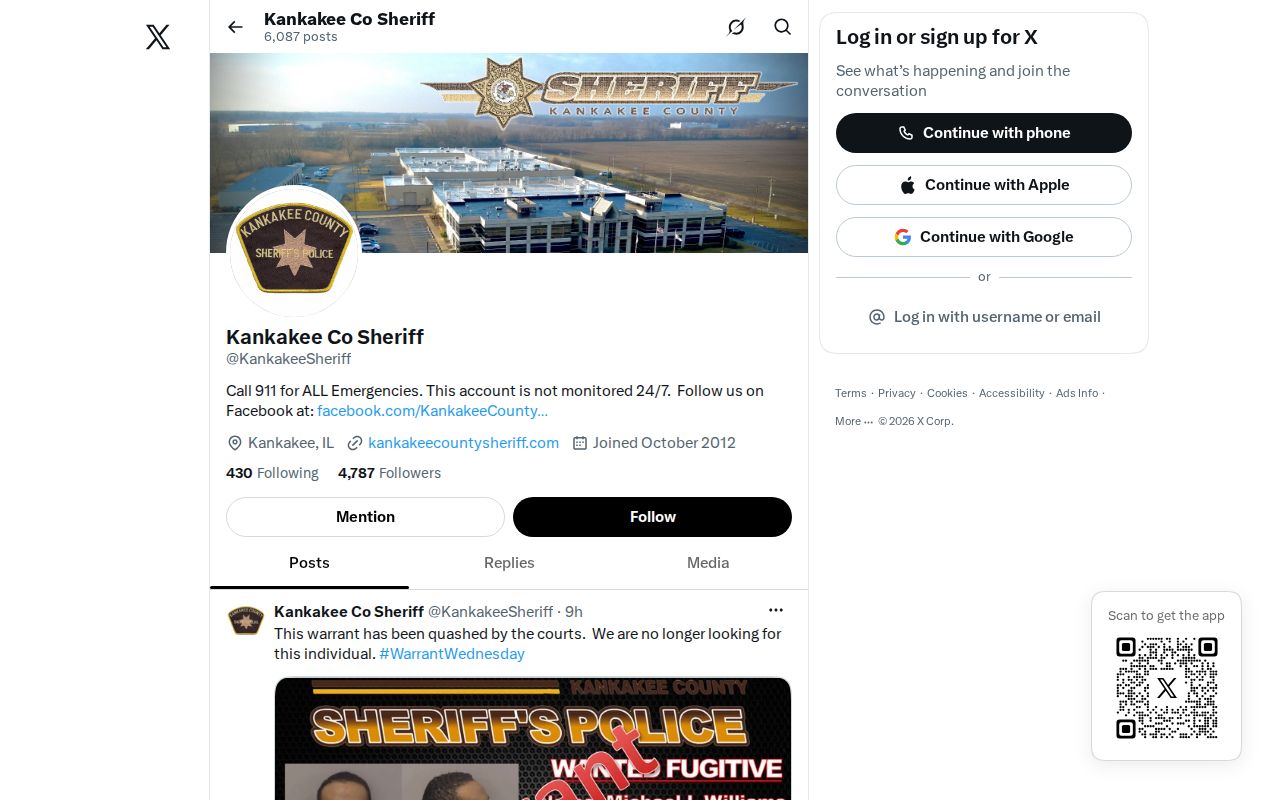 Official Kankakee County Sheriff social account for wanted-person announcements