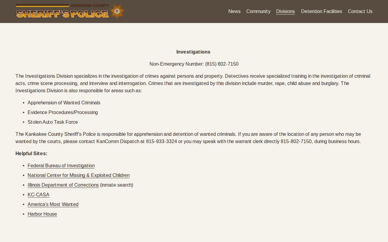 Kankakee County Sheriff's investigations and warrant information page